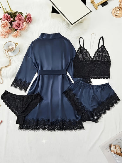 Women's Satin Lace Pajama Set - 4-Piece Camisole, Shorts & Robe – view 11