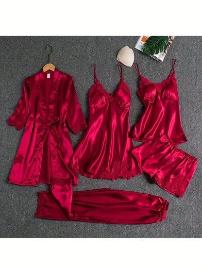 Women's Satin Pajama Set - 6-Piece Lace Loungewear – view 2