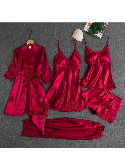 Women's Satin Pajama Set - 6-Piece Lace Loungewear – view 3