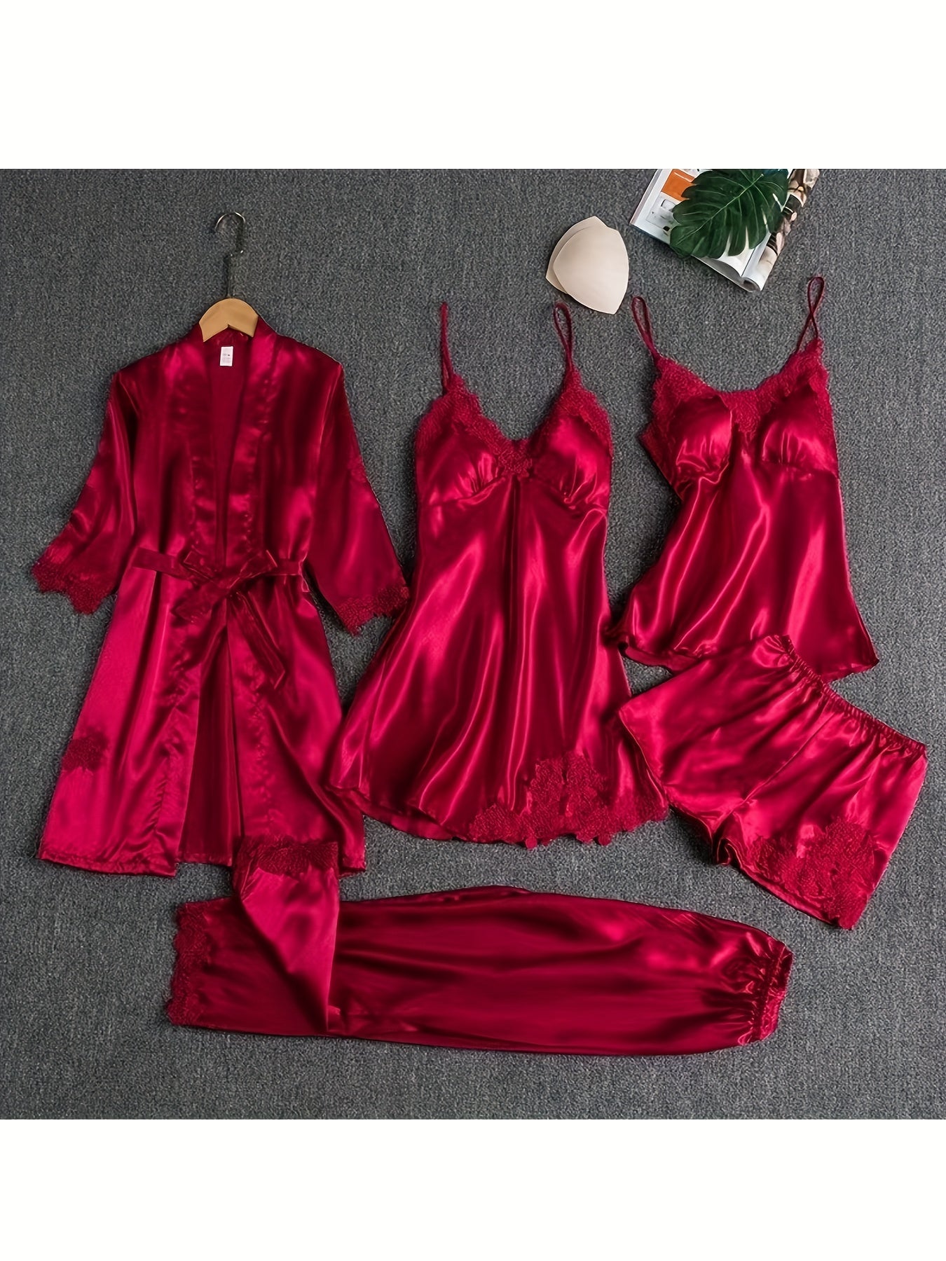 Women's Satin Pajama Set - 6-Piece Lace Loungewear – Red option – main product image