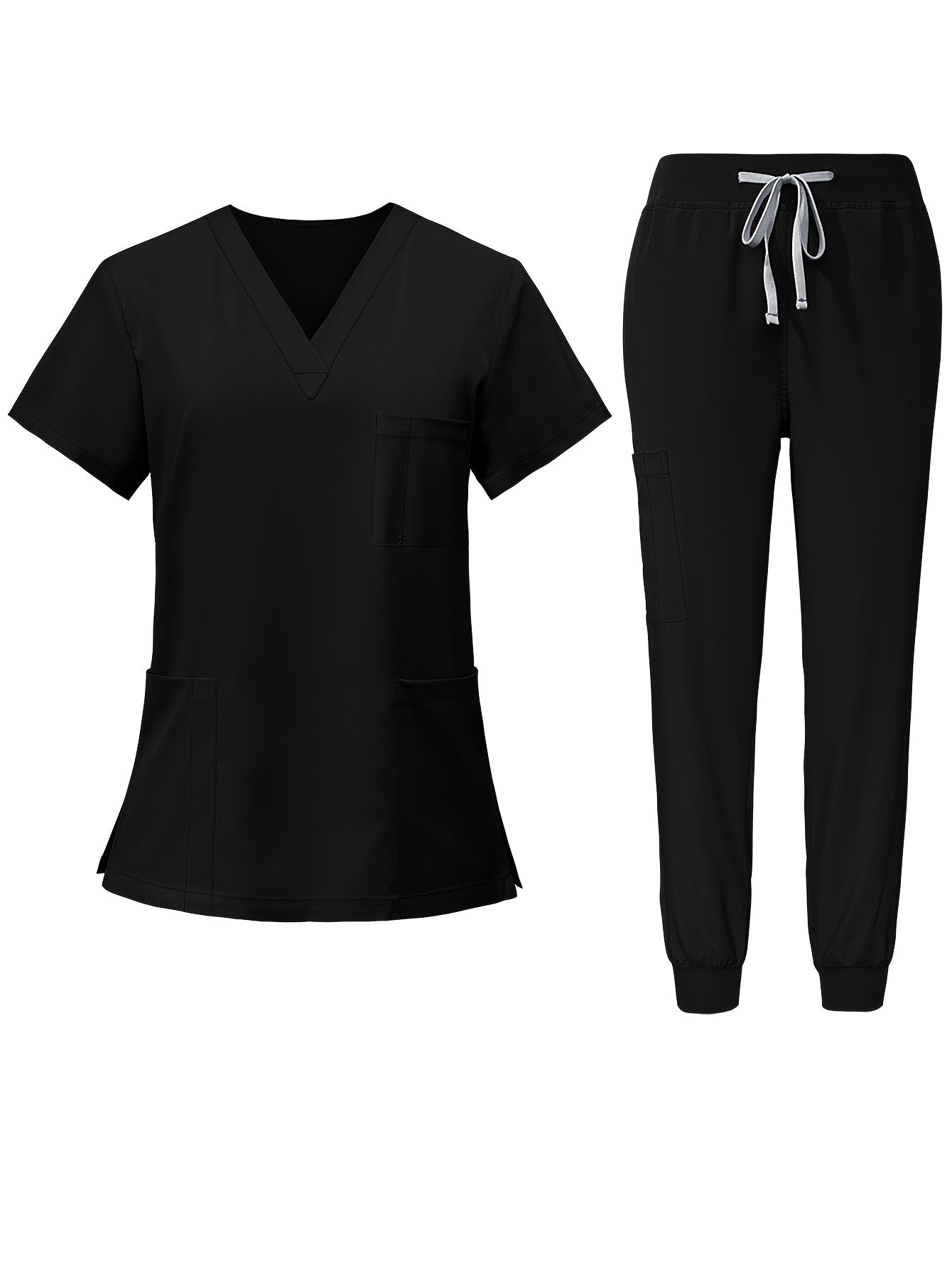 Women's Scrub Set - Solid Color Workwear Matching Outfit – Black option – view 4