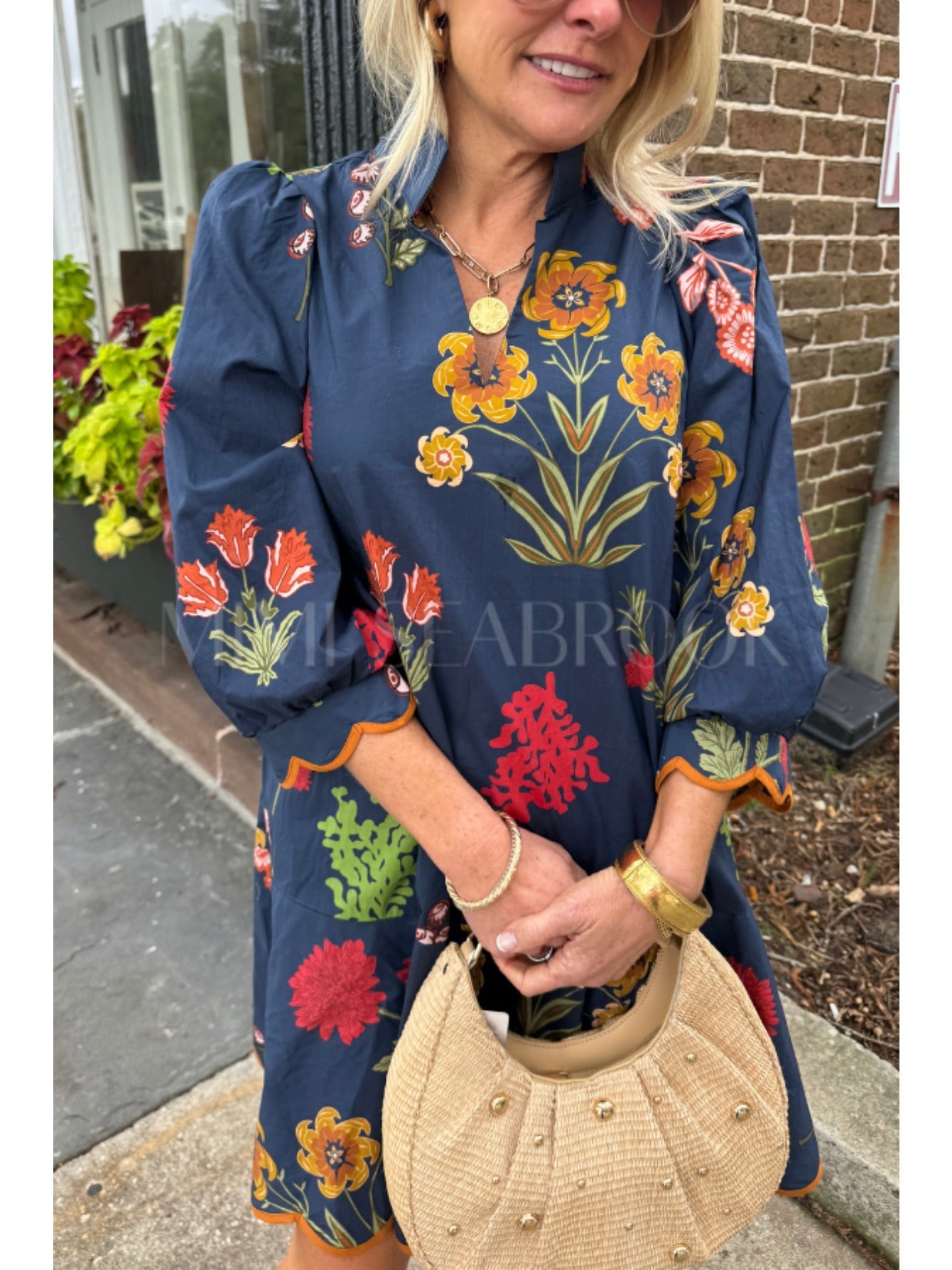 Women's Sea Blue Floral Midi Casual Dress detail view