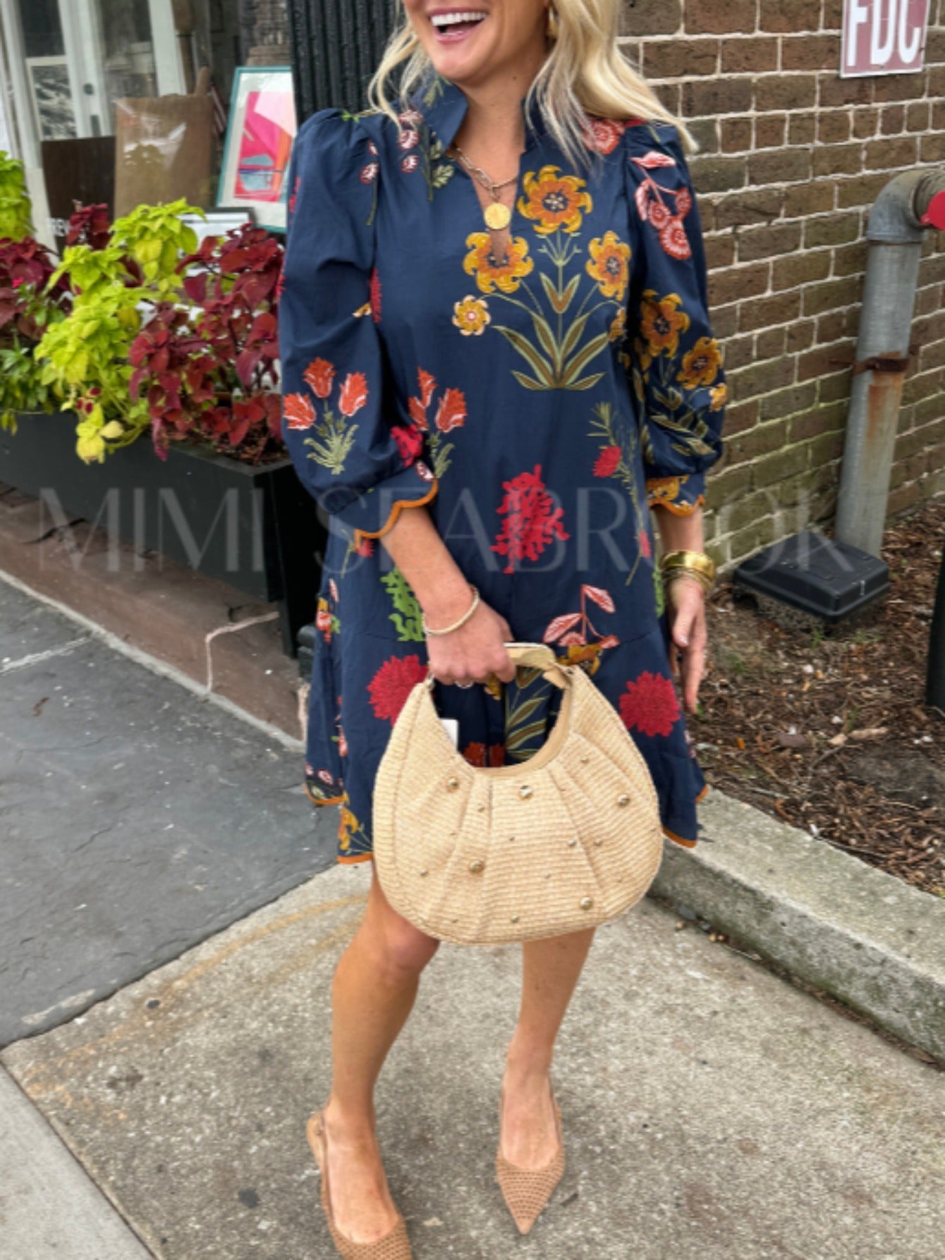 Women's Sea Blue Floral Midi Casual Dress detail view