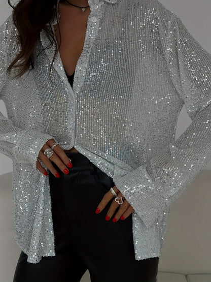 Women's Sequin Blouse - Collared Long Sleeve detail view