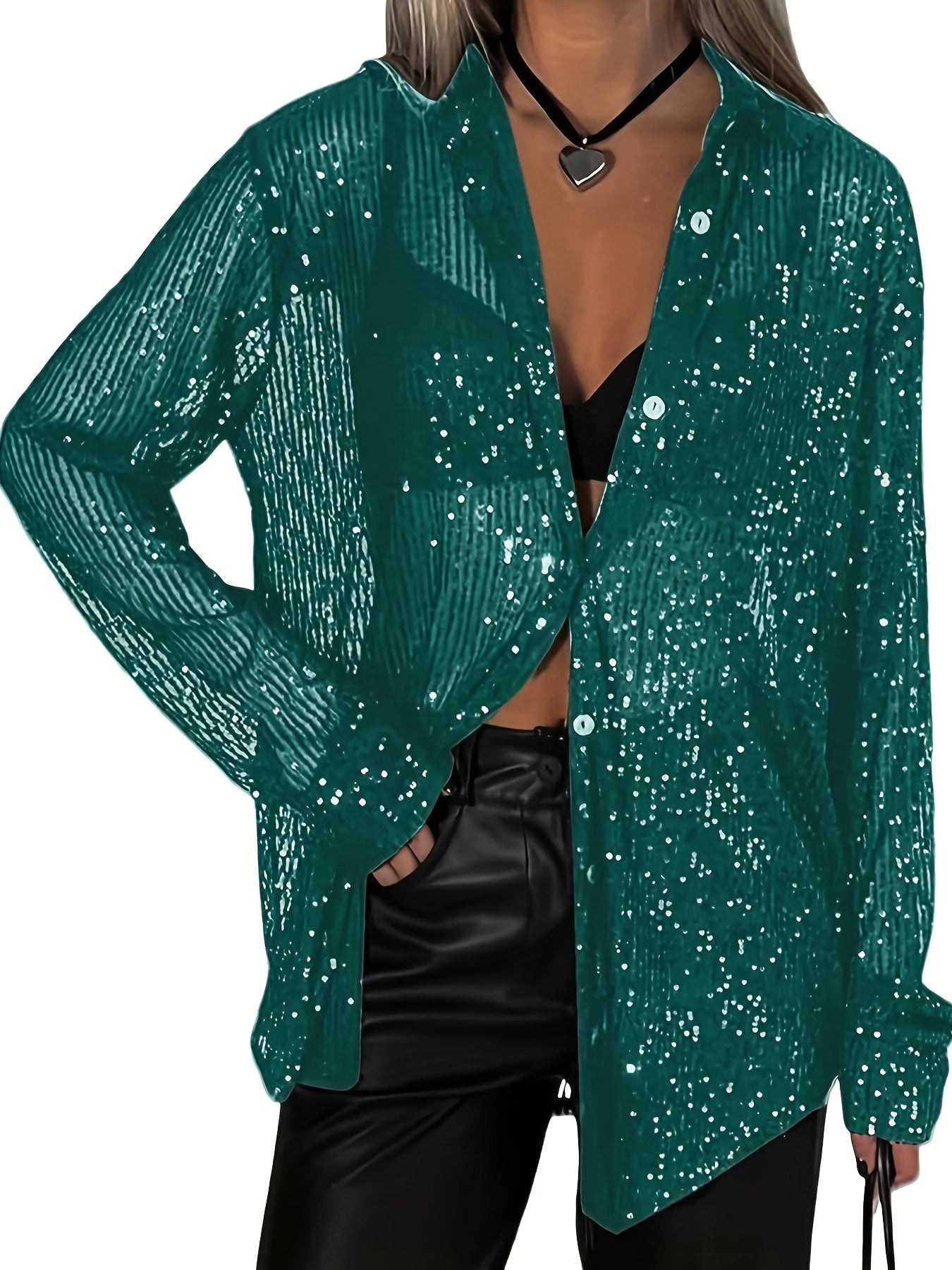 Women's Sequin Blouse - Collared Long Sleeve detail view