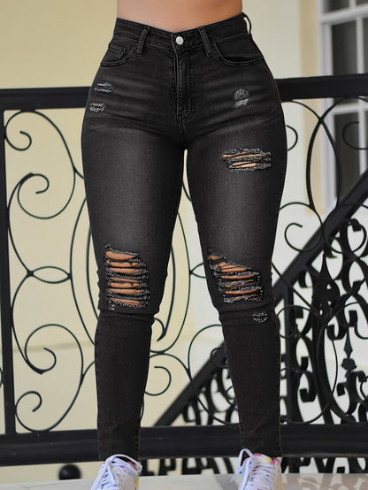 Women's Skinny Jeans - Black Distressed Stretch detail view