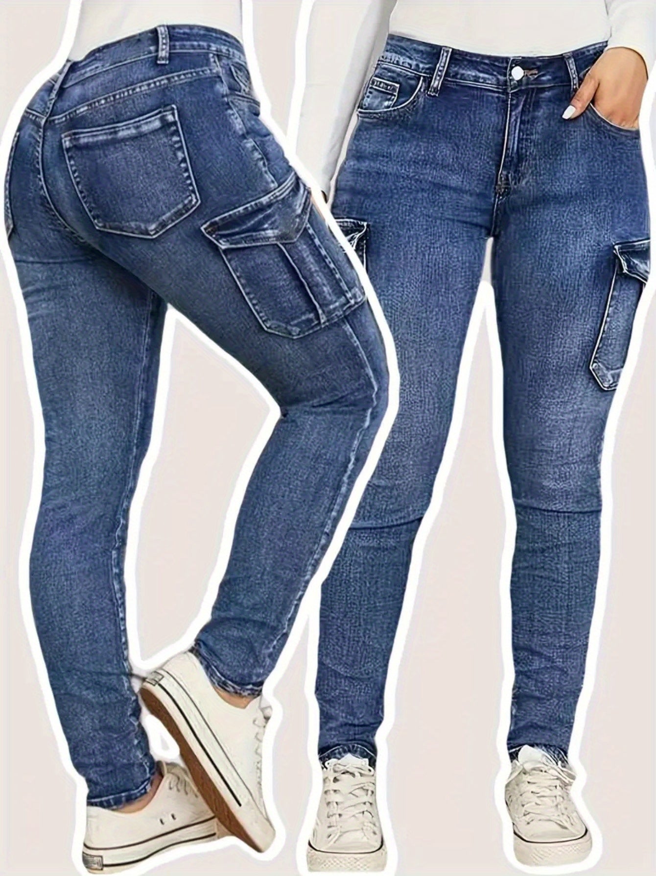Women's Skinny Jeans - Blue Pocket Detail Stretch detail view