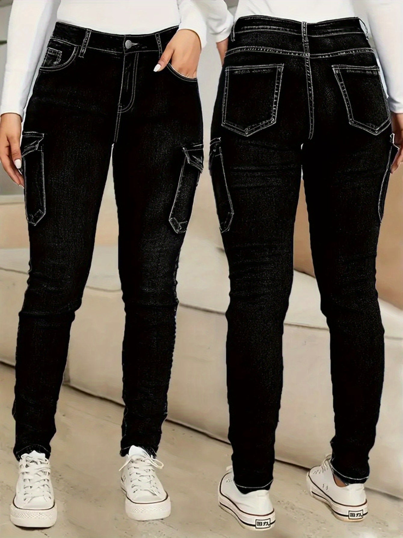 Women's Skinny Jeans - Blue Pocket Detail Stretch detail view