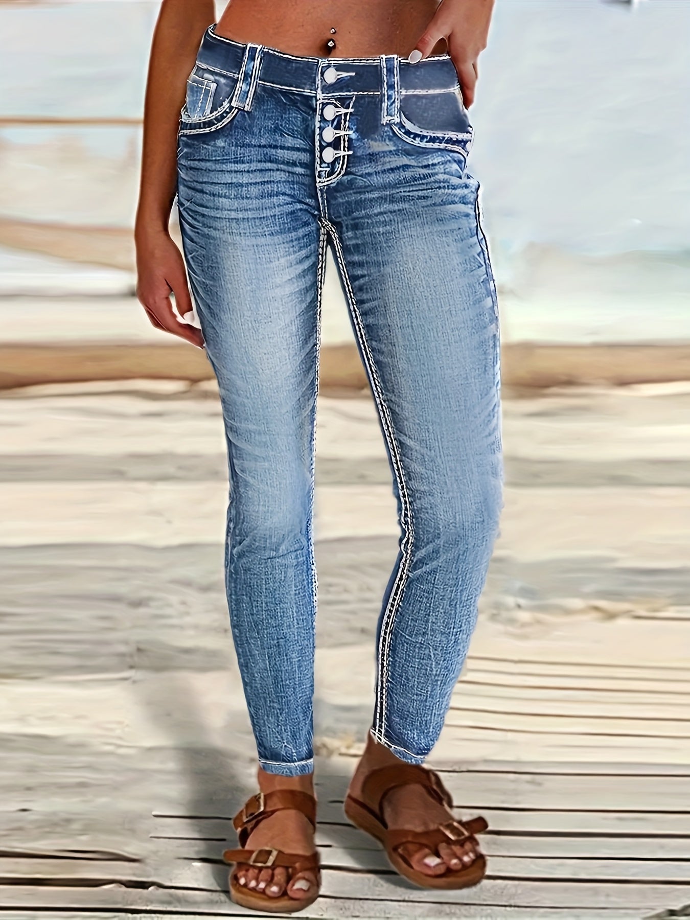 Women's Skinny Jeans - Dark Blue Pocket Detail Stretch detail view