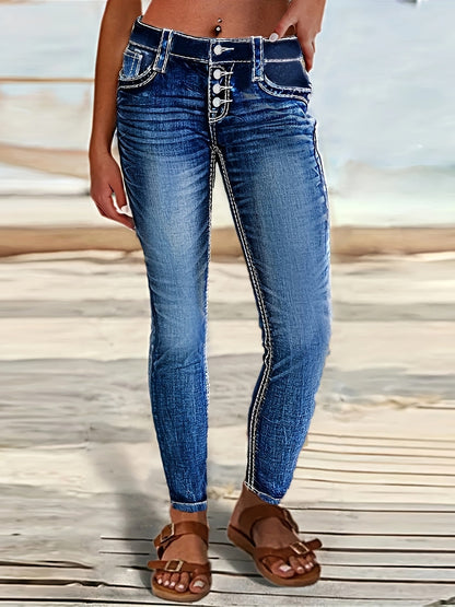 Women's Skinny Jeans - Dark Blue Pocket Detail Stretch detail view