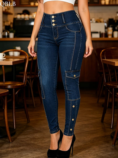 Women's Skinny Jeans - Deep Blue Vintage Wash Pocket Detail detail view