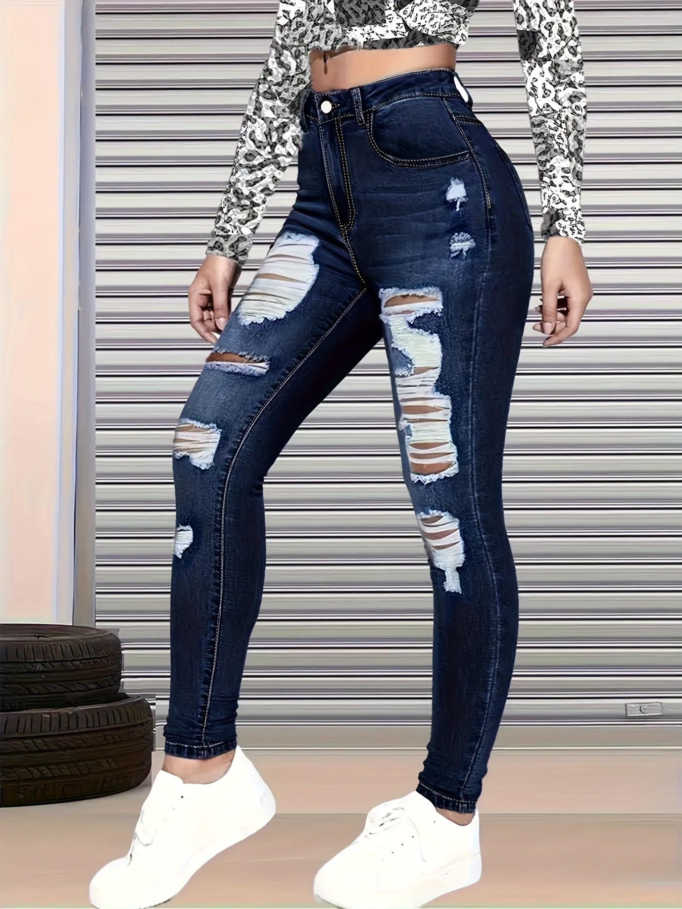 Women's Skinny Jeans - High-Waist Fit – Blue detail view