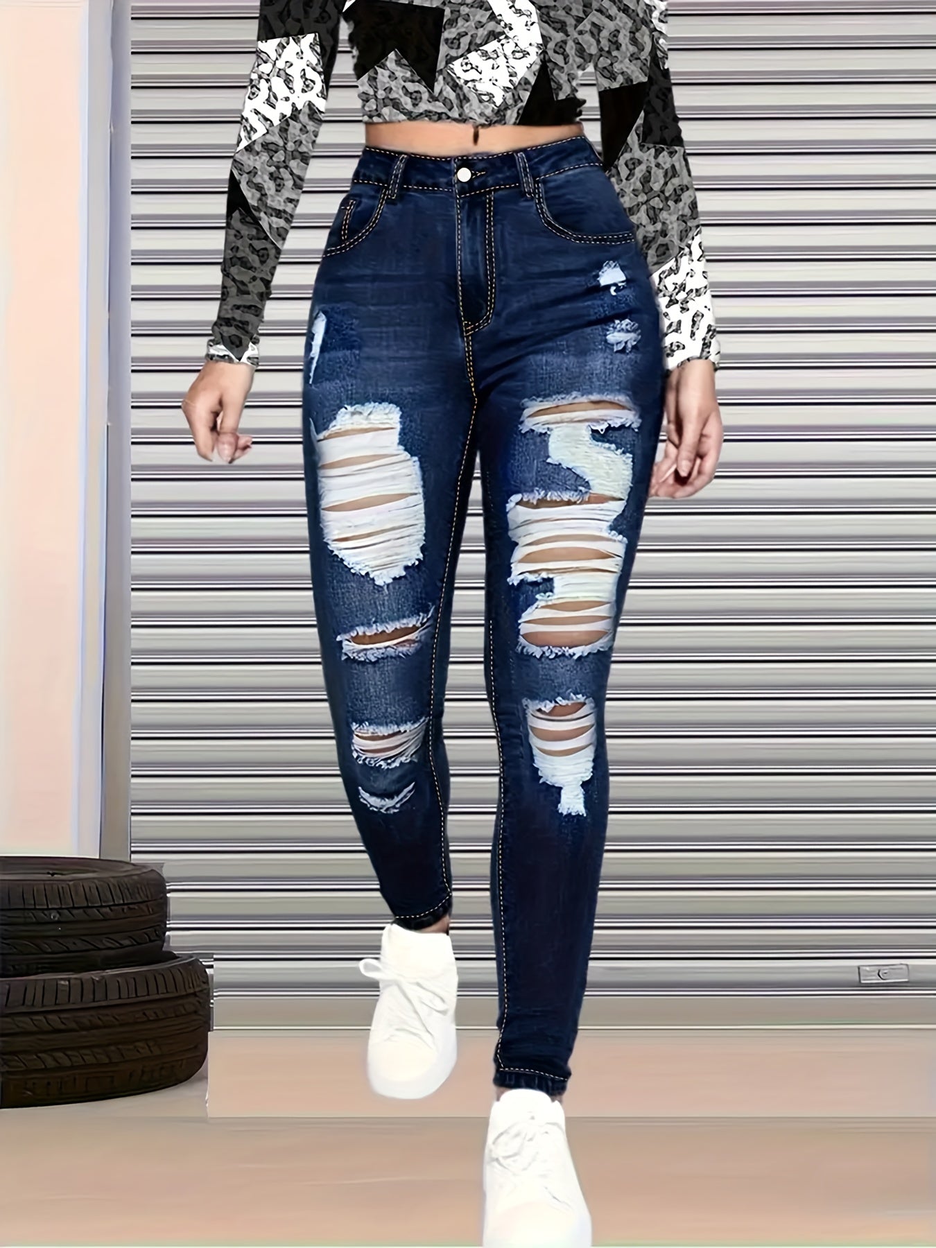Women's Skinny Jeans - High-Waist Fit – Blue detail view