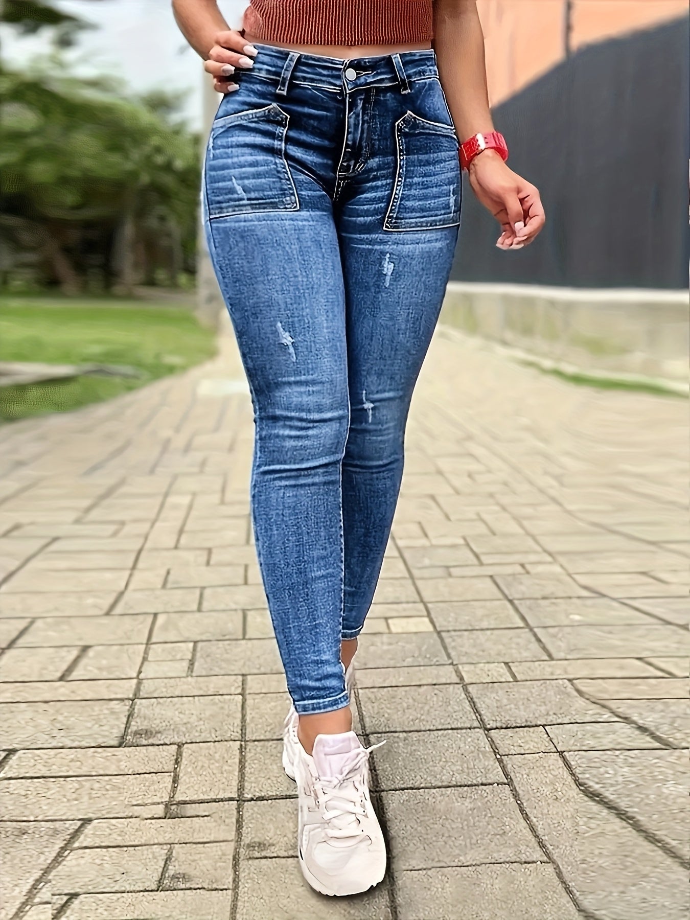 Women's Skinny Jeans - High-Waist Fit – Medium Blue detail view