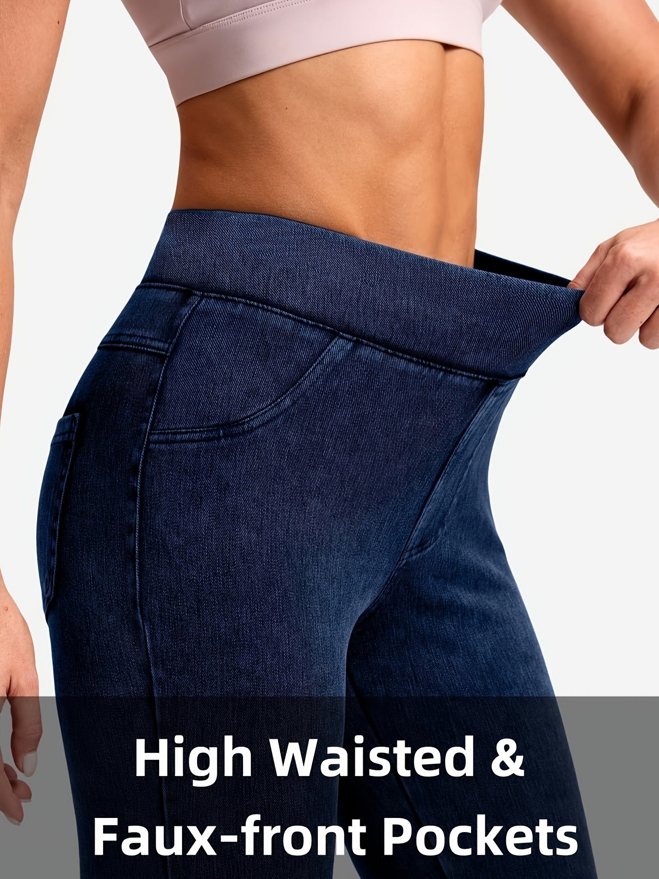 Women's Skinny Jeans - High-Waist Fit – Navy Color / Light Cyan detail view