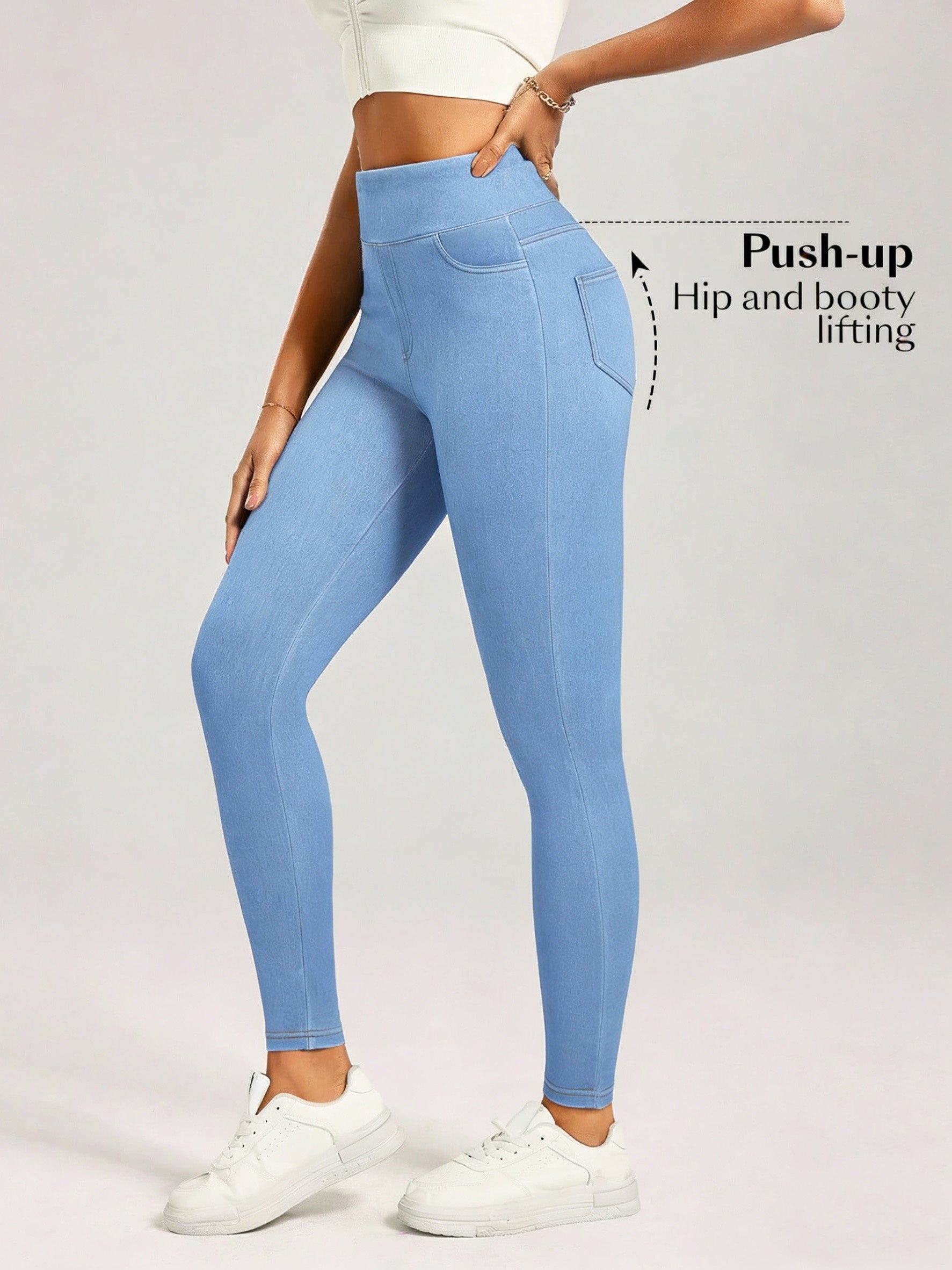 Women's Skinny Jeans - High-Waist Fit – Sky Blue / Black detail view