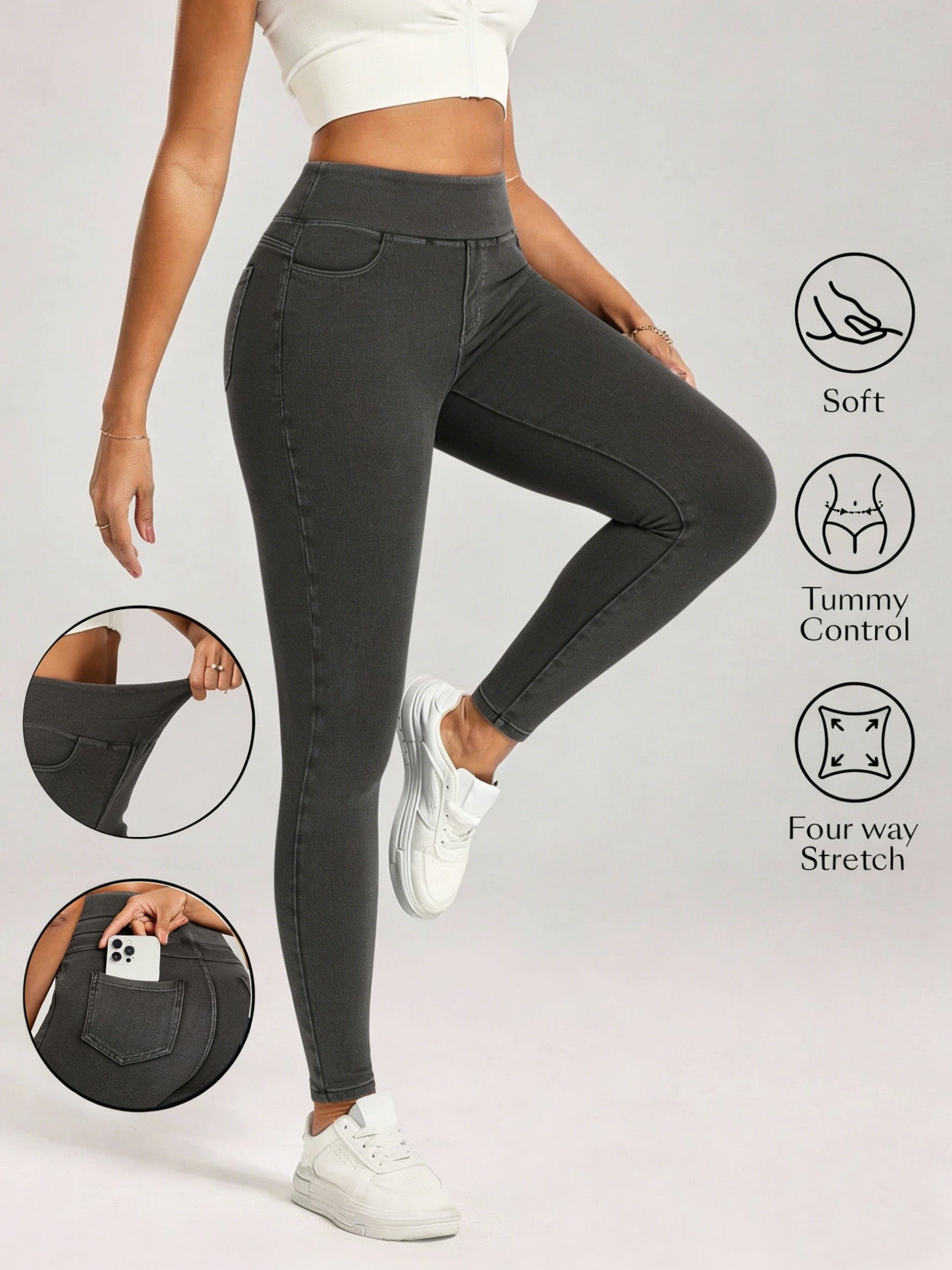 Women's Skinny Jeans - High-Waist Fit – Sky Blue / Black detail view