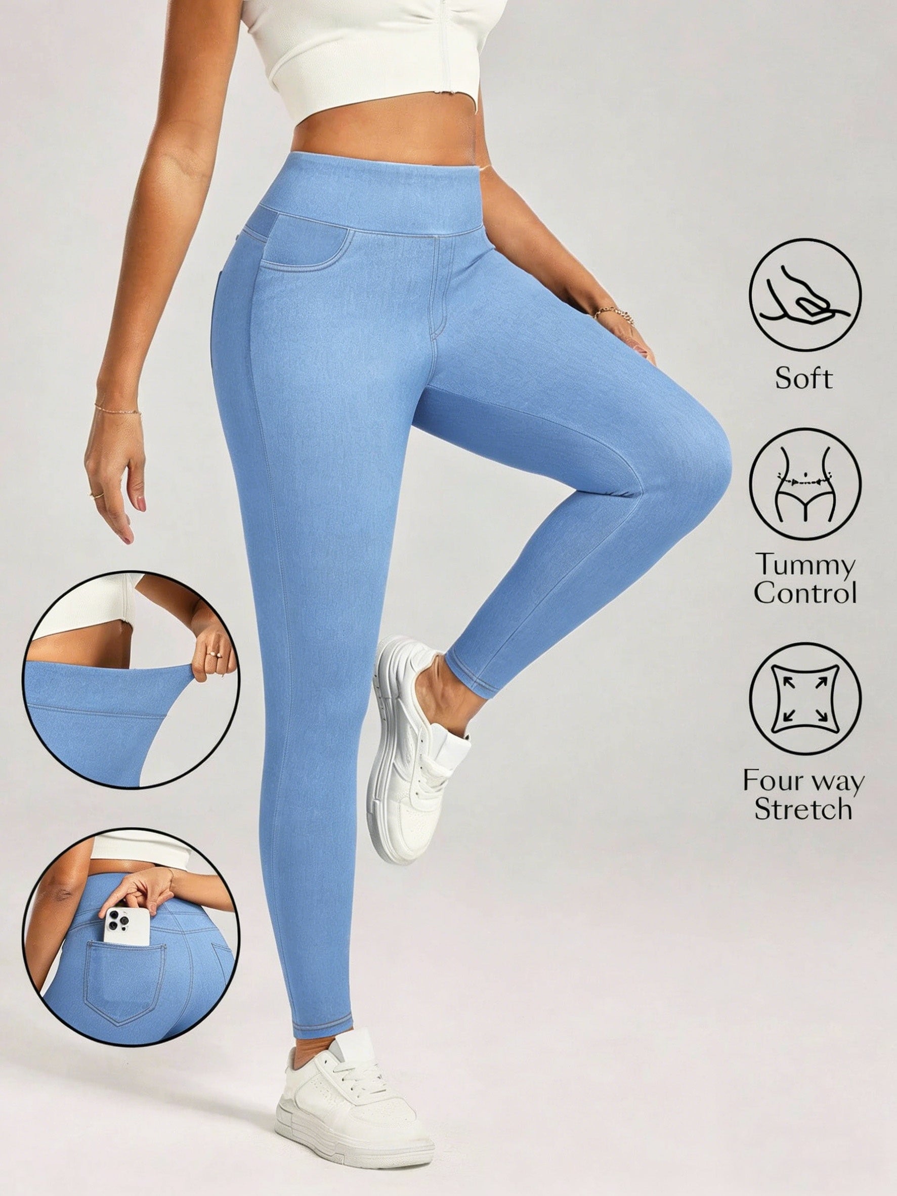 Women's Skinny Jeans - High-Waist Fit – Sky Blue / Black – Blue option – view 2
