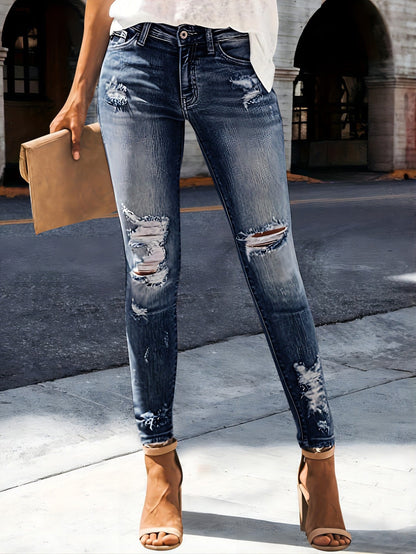 Women's Skinny Jeans - Light Blue Distressed Stretch detail view