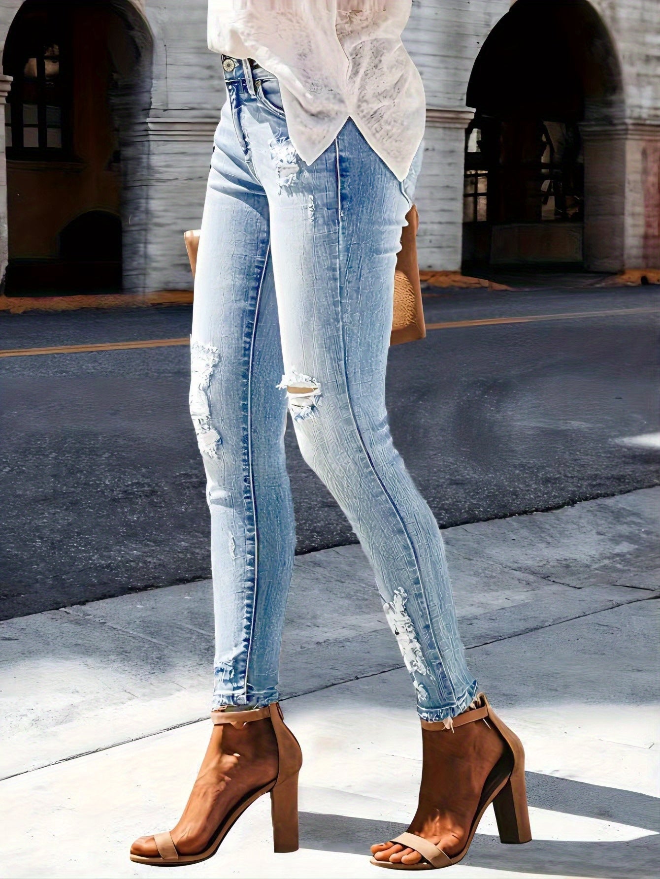 Women's Skinny Jeans - Light Blue Distressed Stretch detail view