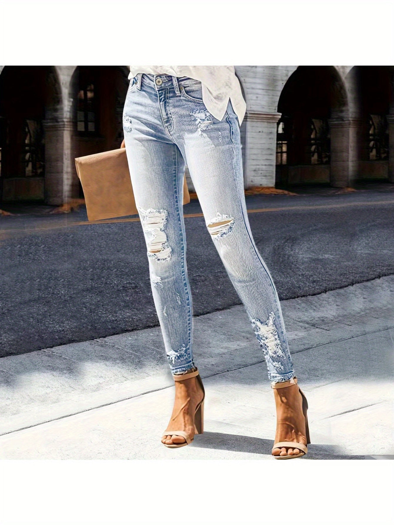 Women's Skinny Jeans - Light Blue Distressed Stretch detail view