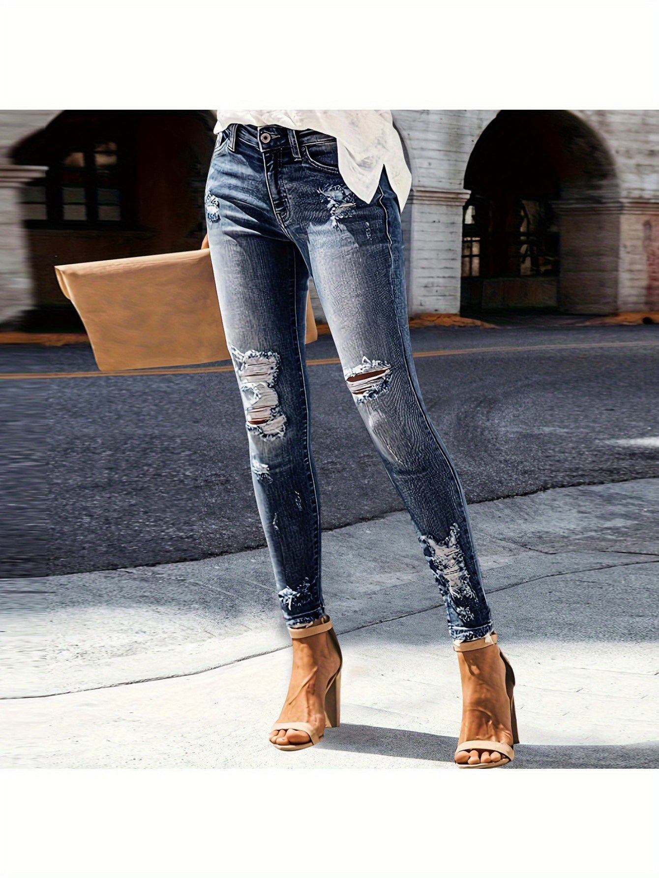 Women's Skinny Jeans - Light Blue Distressed Stretch detail view