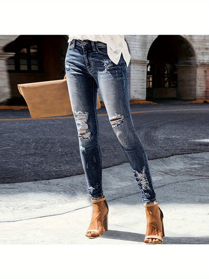 Women's Skinny Jeans - Light Blue Distressed Stretch detail view