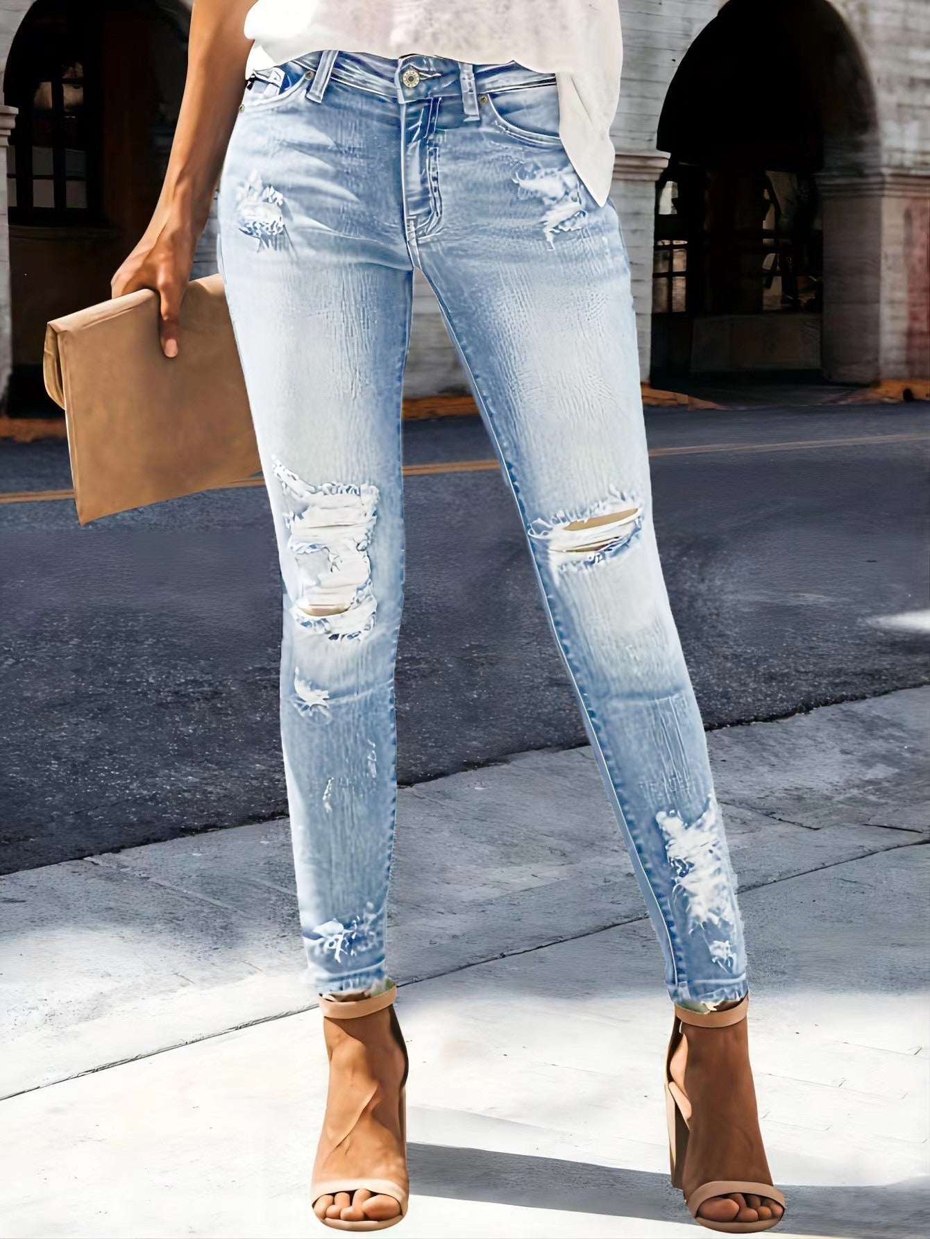 Women's Skinny Jeans - Light Blue Distressed Stretch detail view