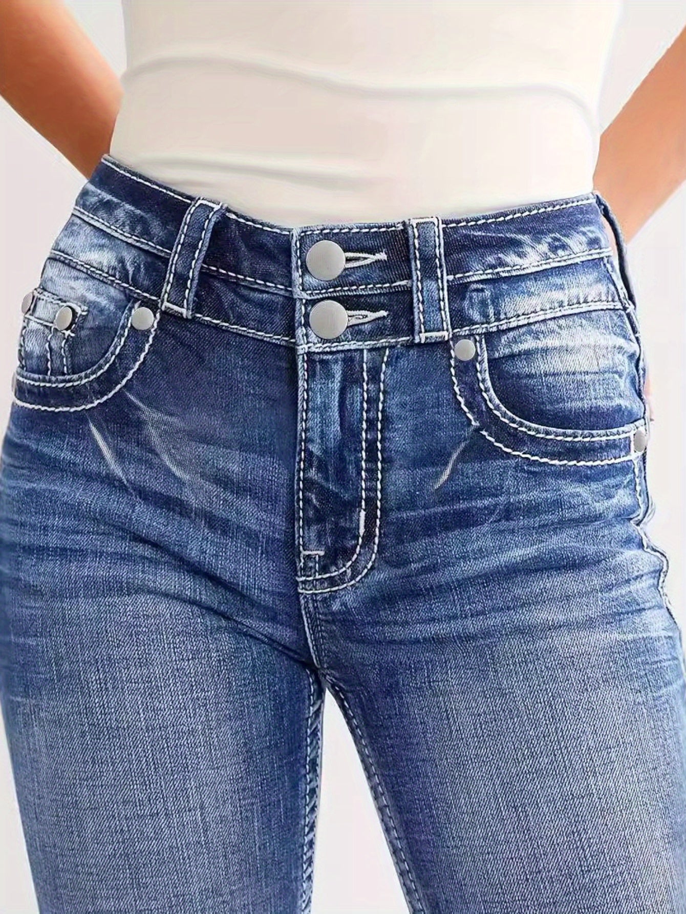 Women's Skinny Jeans - Light Blue Embroidered Stretch detail view