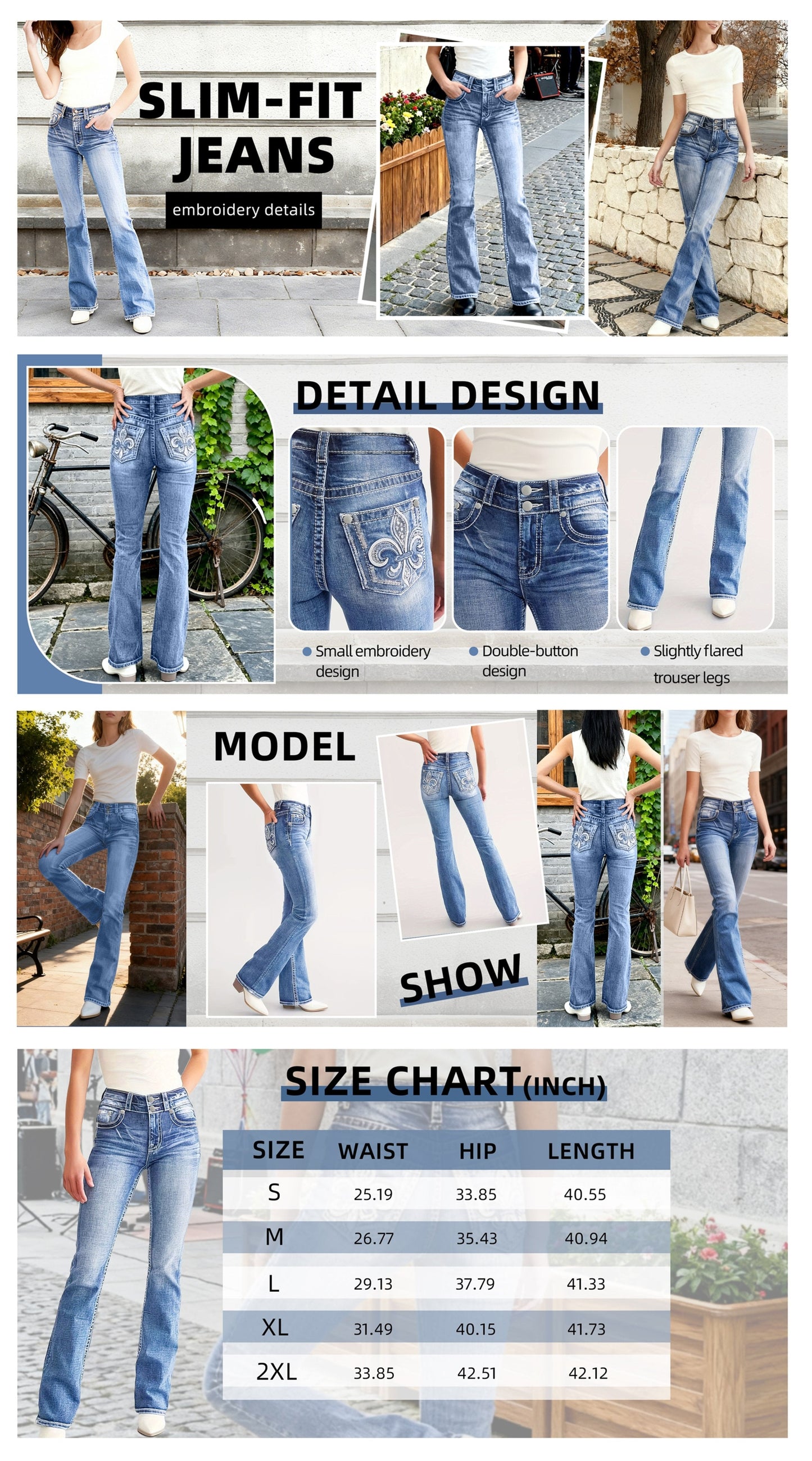 Women's Skinny Jeans - Light Blue Embroidered Stretch detail view