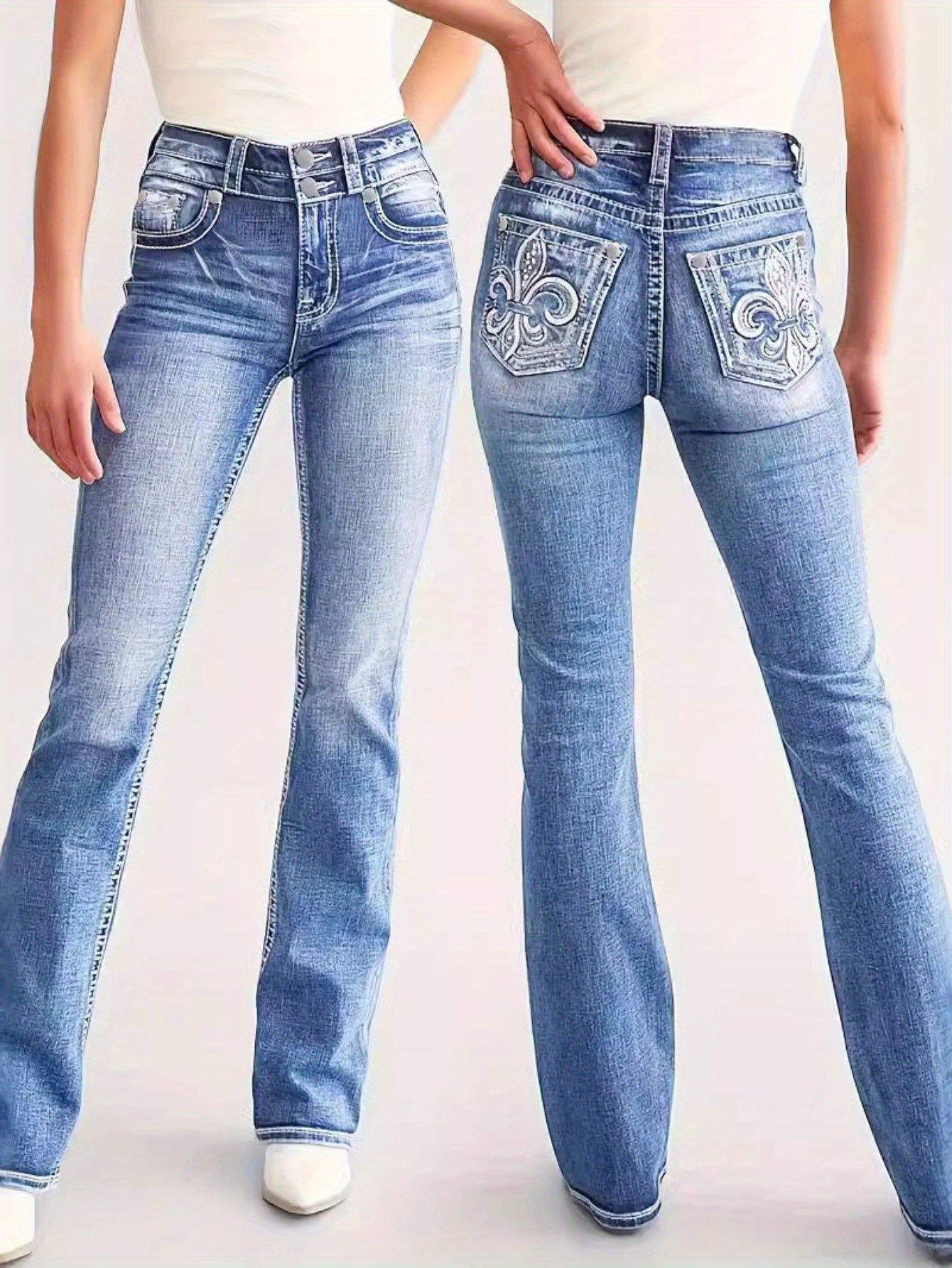 Women's Skinny Jeans - Light Blue Embroidered Stretch detail view