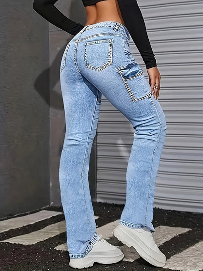 Women's Skinny Jeans - Light Blue Pocket Detail Stretch detail view