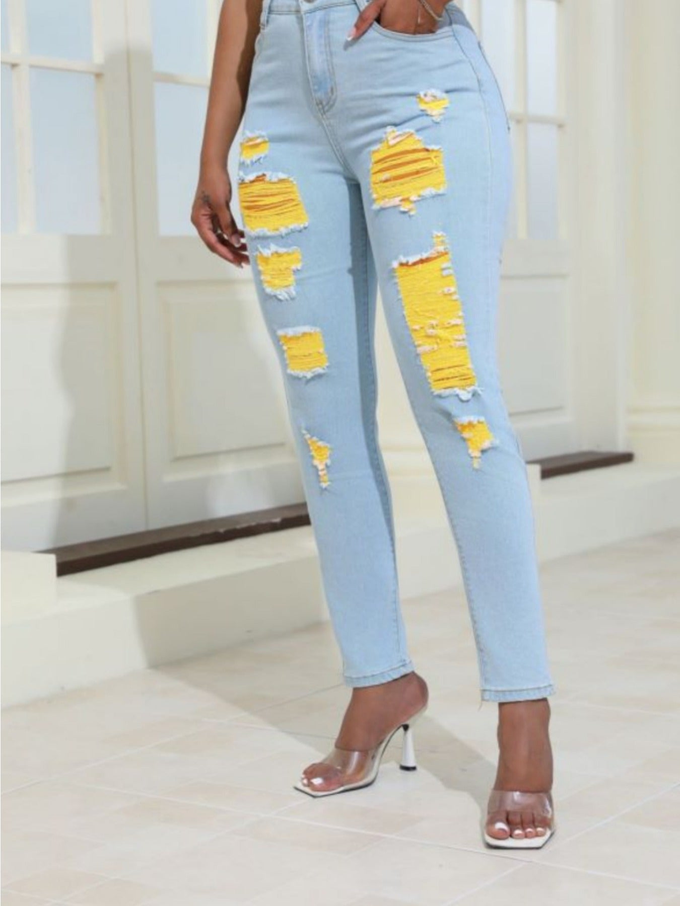 Women's Skinny Jeans - Light Yellow Distressed Stretch – Yellow option – view 2