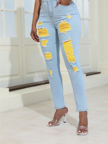 Women's Skinny Jeans - Light Yellow Distressed Stretch – Yellow option – view 2