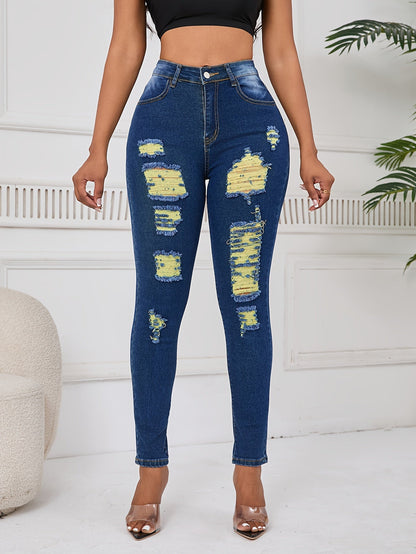 Women's Skinny Jeans - Light Yellow Distressed Stretch detail view