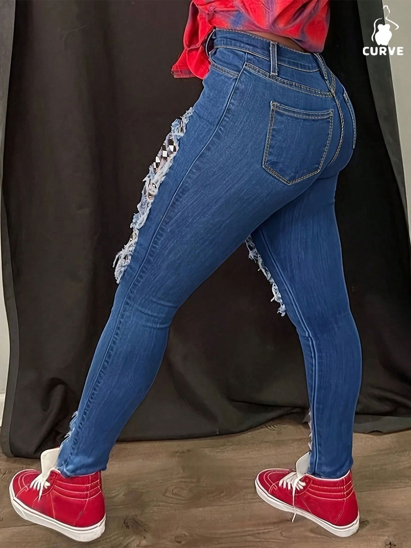 Women's Skinny Jeans - Medium Blue Distressed detail view