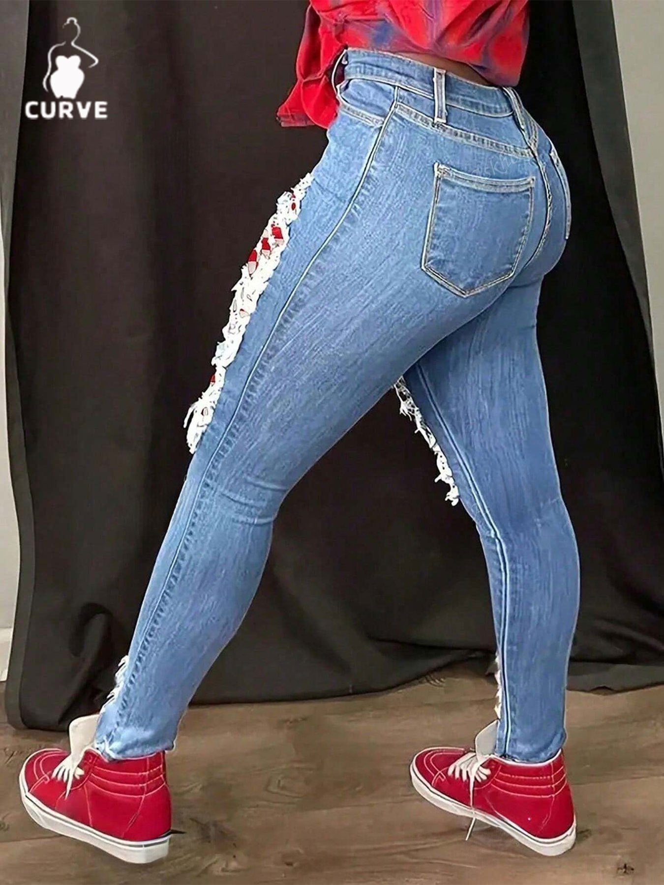 Women's Skinny Jeans - Medium Blue Distressed detail view