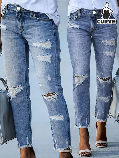 Women's Skinny Jeans - Medium Blue Vintage Wash Distressed – view 5