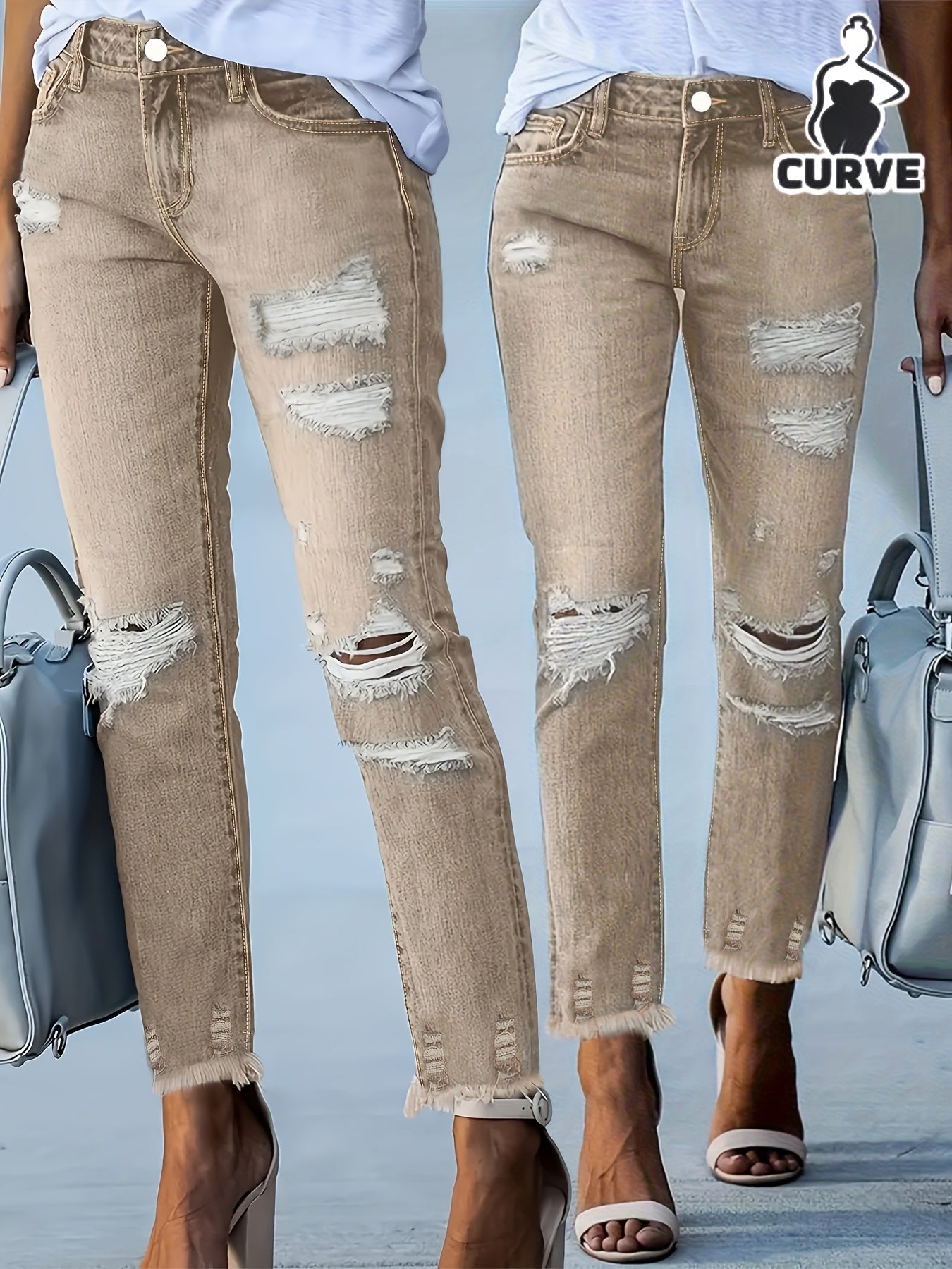 Women's Skinny Jeans - Medium Blue Vintage Wash Distressed – view 6