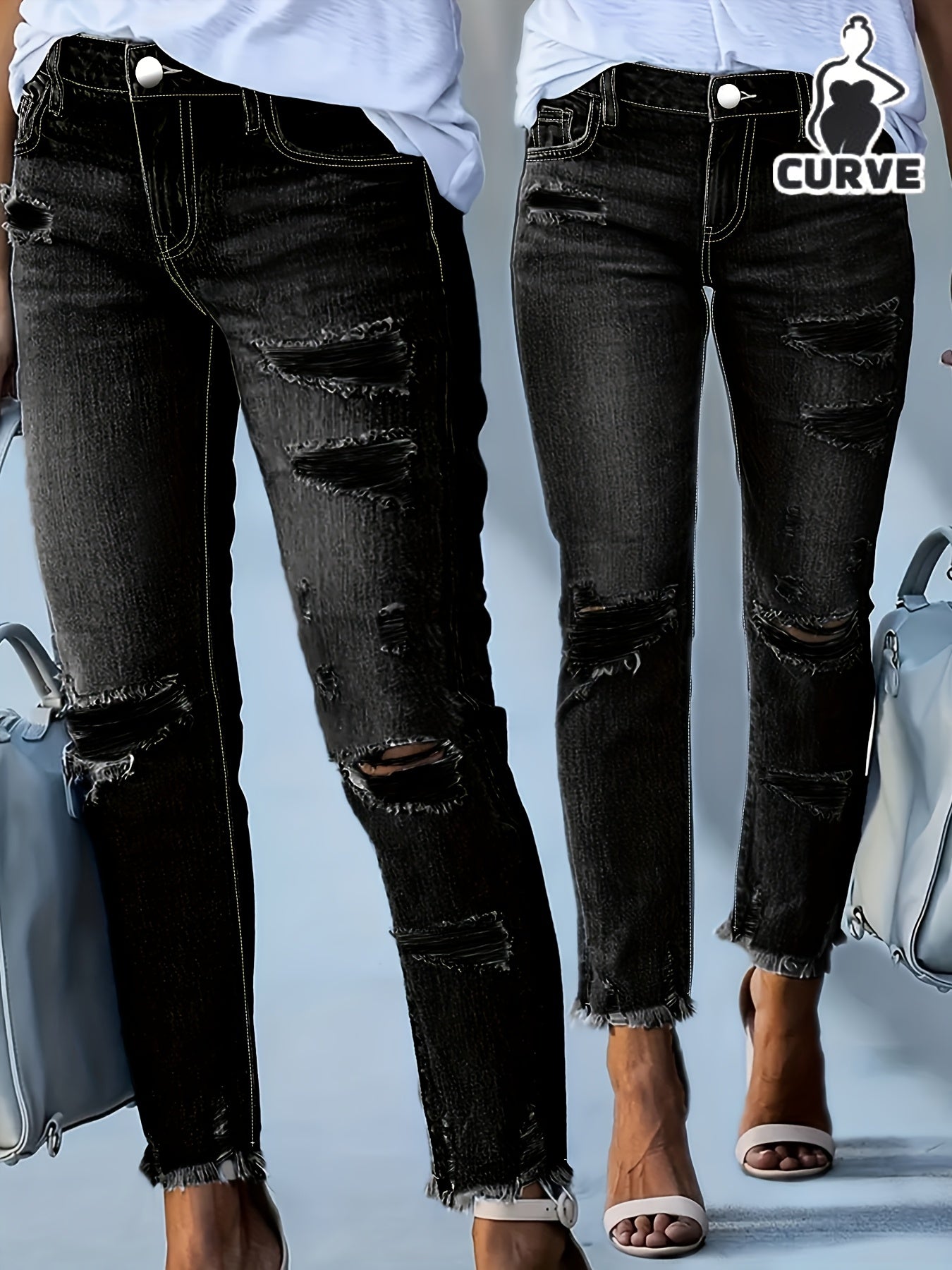 Women's Skinny Jeans - Medium Blue Vintage Wash Distressed – view 7