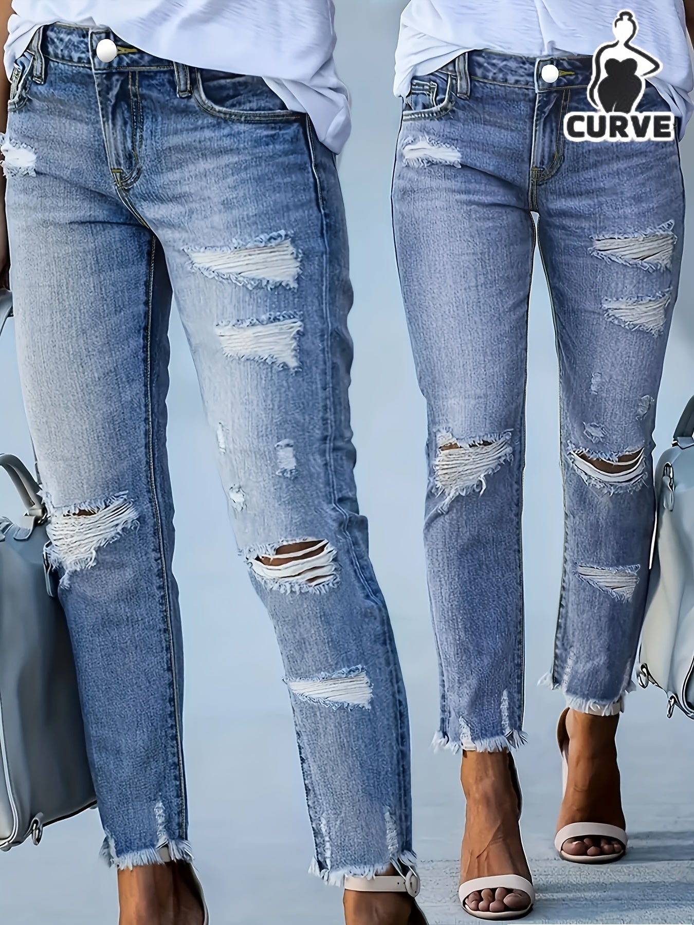 Women's Skinny Jeans - Medium Blue Vintage Wash Distressed – Blue option – view 2