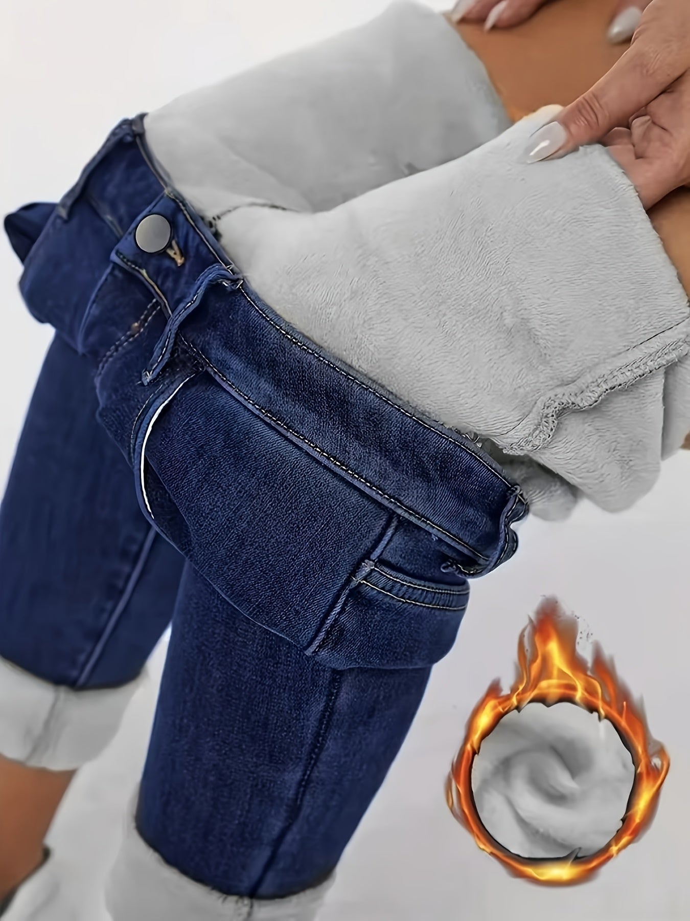 Women's Skinny Jeans - Royal Blue Color Fleece-Lined Jeans Stretch detail view