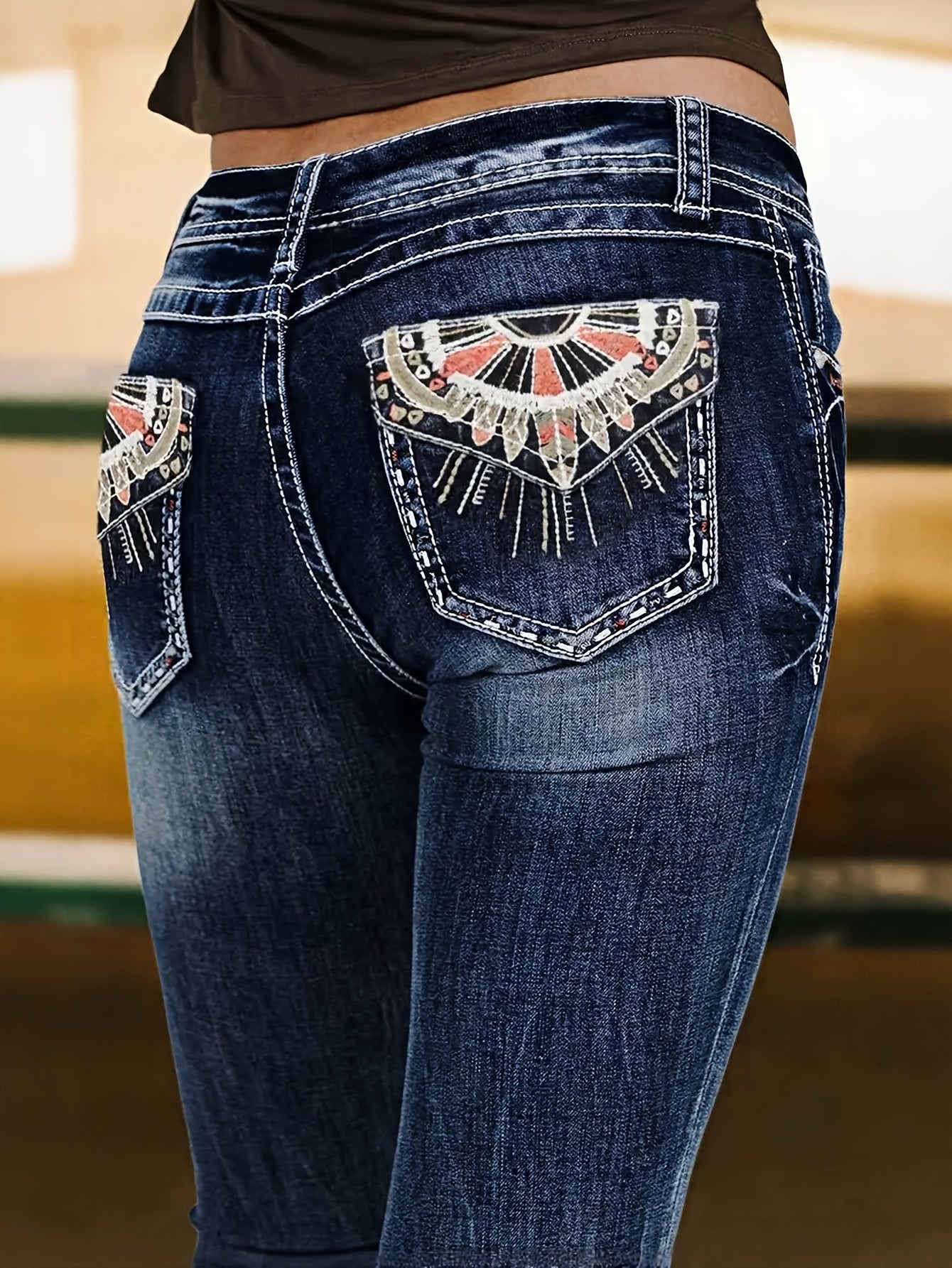 Women's Skinny Jeans - Vintage Blue Embroidered detail view