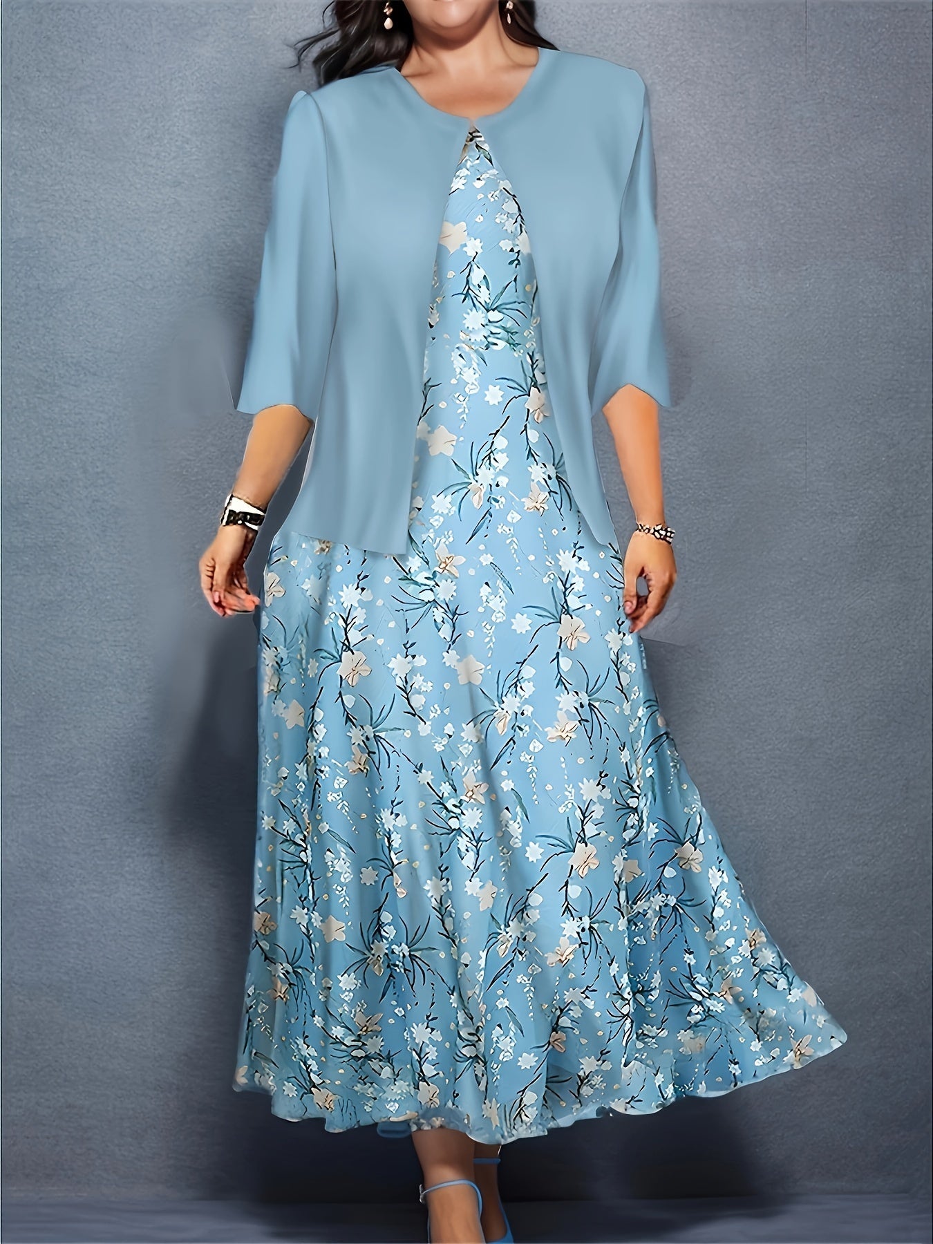Women's Sky Blue Floral Midi Casual Dress - Pocket detail view