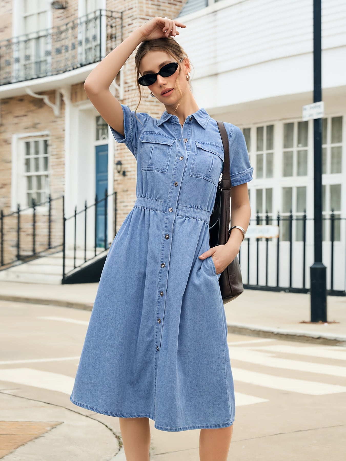 Women's Sky Blue Solid Casual Dress - Pocket detail view