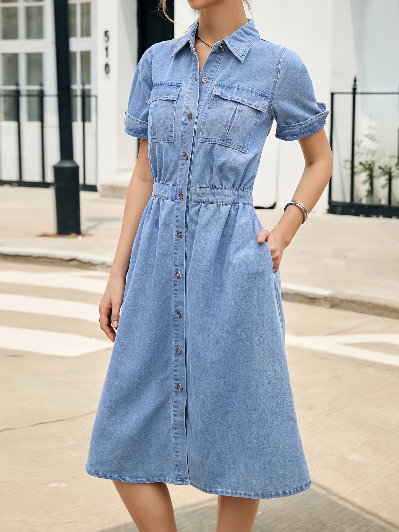 Women's Sky Blue Solid Casual Dress - Pocket detail view
