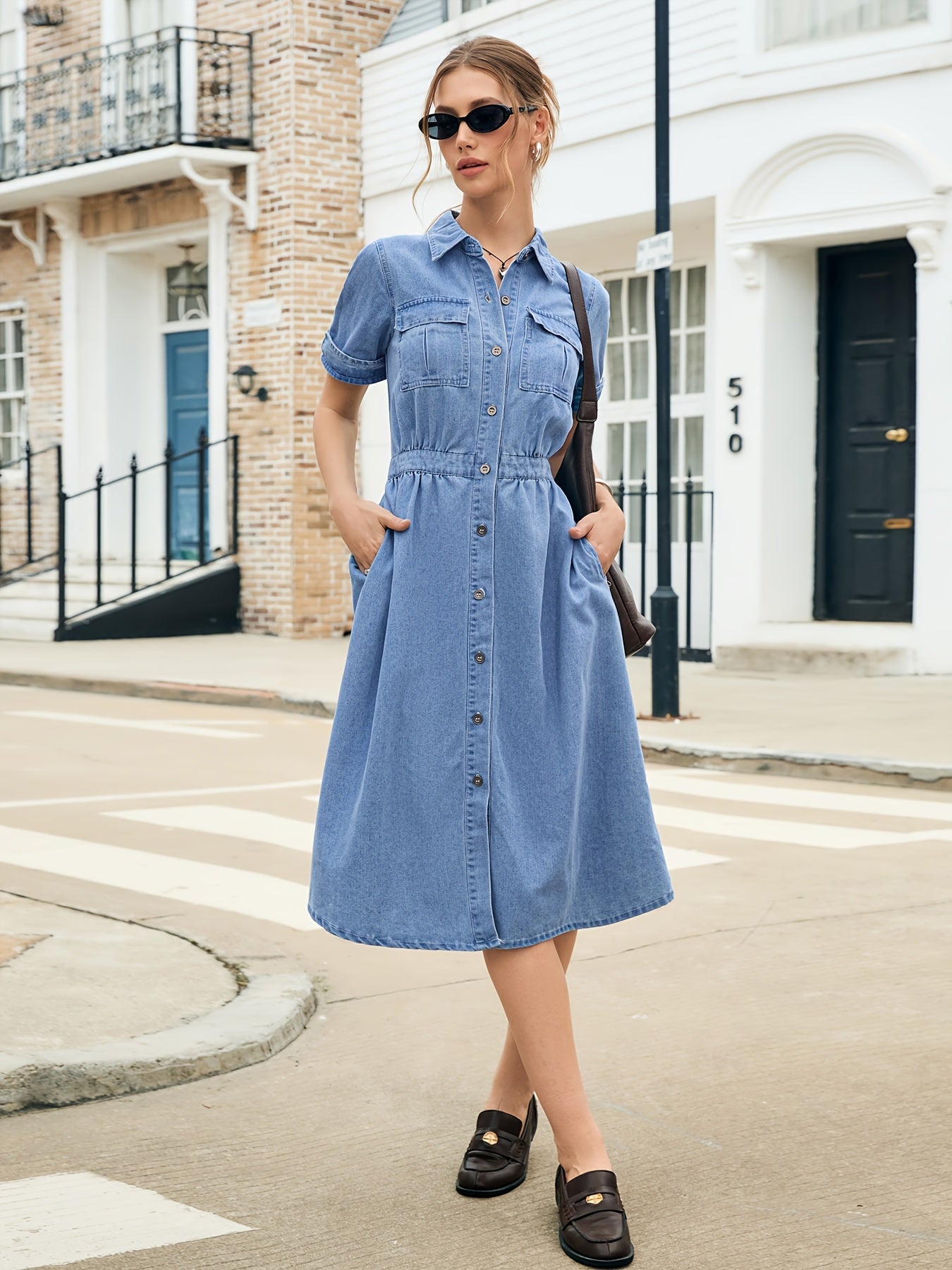 Women's Sky Blue Solid Casual Dress - Pocket detail view