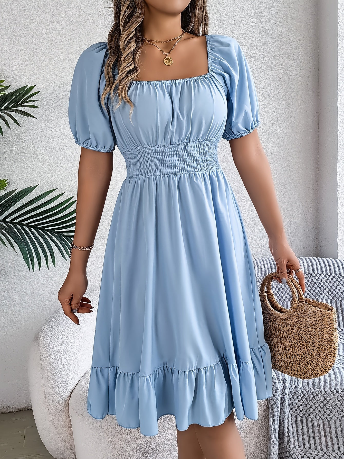 Women's Sky Blue Square Neck Dress – Blue option – main product image
