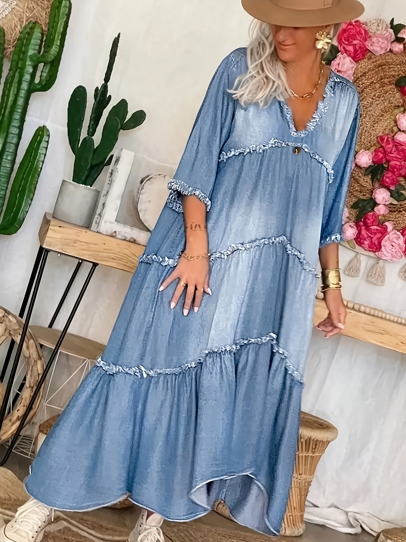 Women's Solid Casual Dress - Ruffle detail view