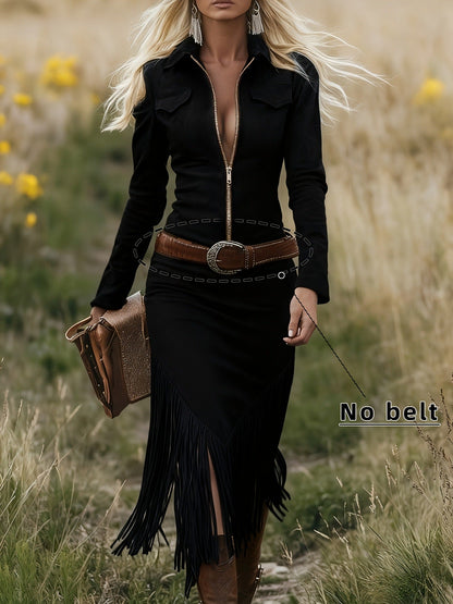 Women's Solid Collared Dress - Long Sleeve detail view